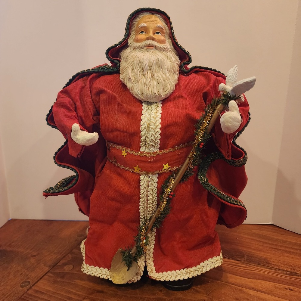 Vintage Grandeur Noel Santa Fabric Mache Red Cloak‎ Tree Shovel Tabletop 14"